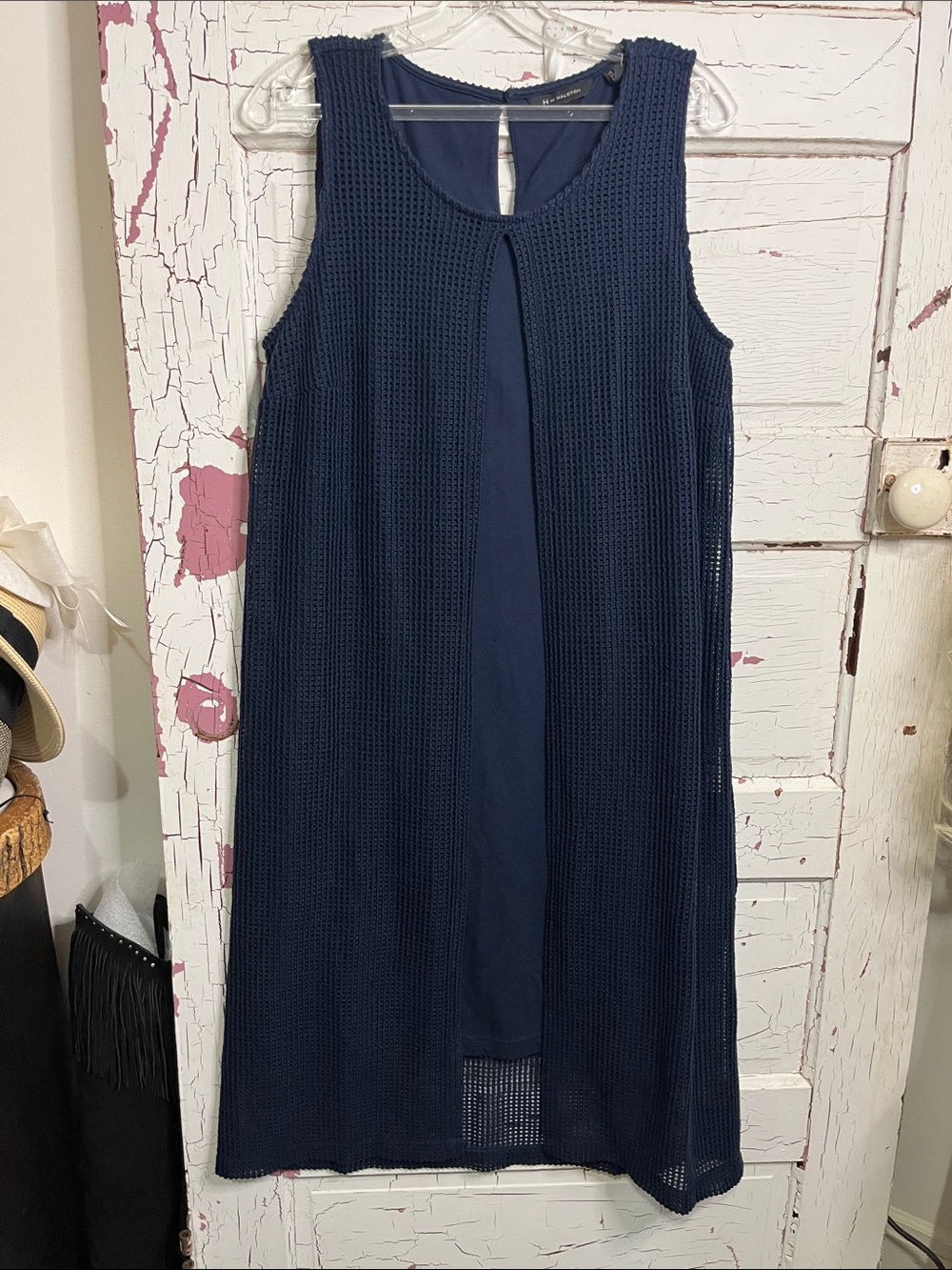 H by Halston Navy Sleeveless Crochet Overlay Dress in Navy Sz 10